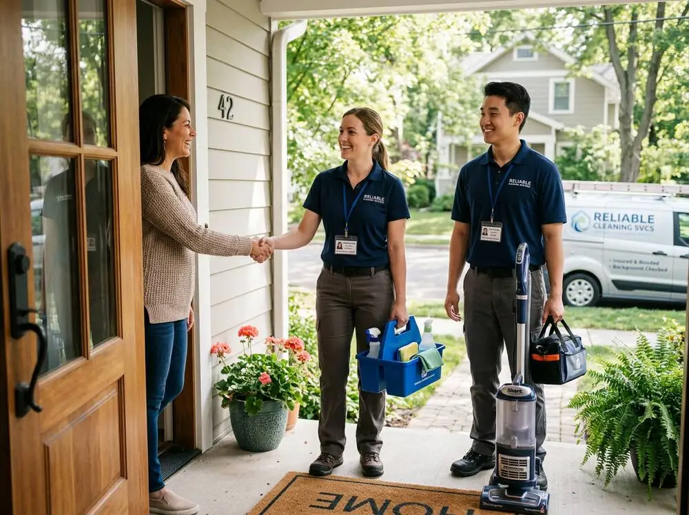 Cleaning technician showing a photo ID badge at a client's front door