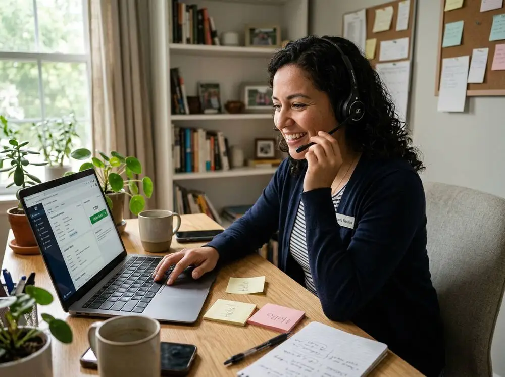 Cleaning team member speaking with a client at her kitchen table