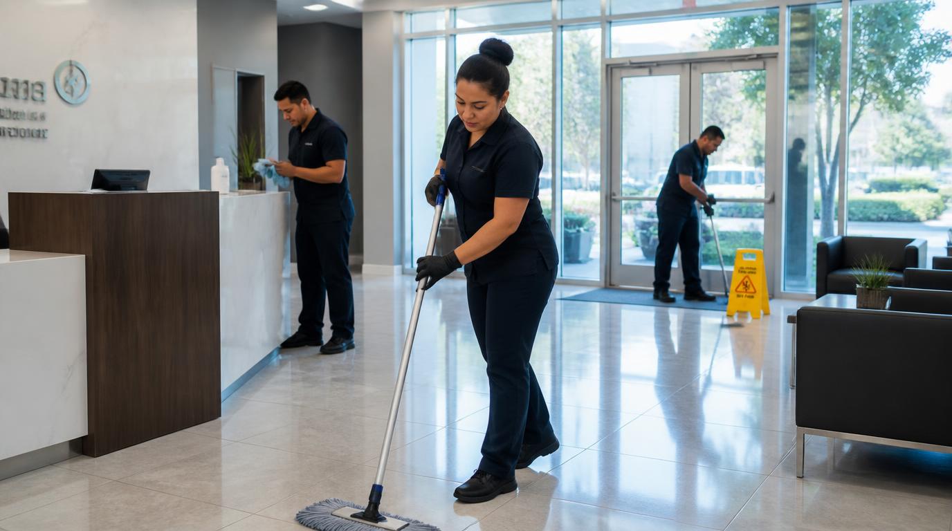 Cleaning crew mopping the floor and detailing the reception area of a bright office lobby