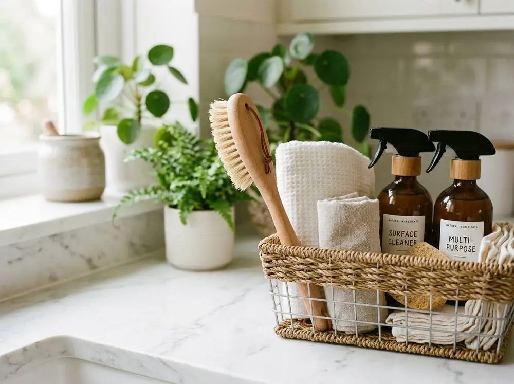 Cleaning caddy with neatly arranged supplies on a bright kitchen counter