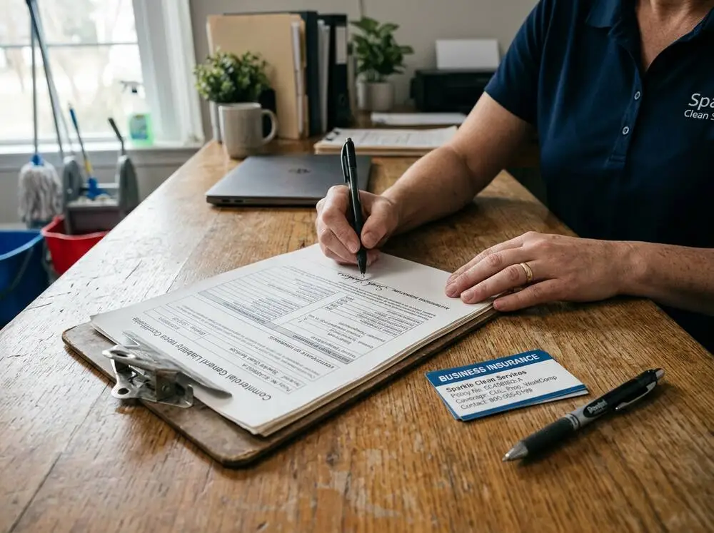 Cleaning technician in uniform holding an insurance and bonding certificate