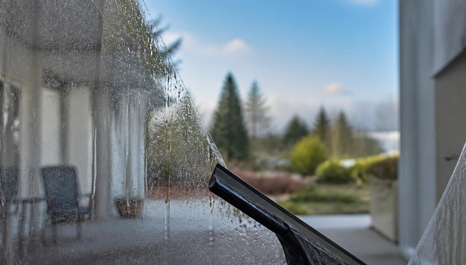 Crystal clear residential windows reflecting blue sky with clean frames and sills