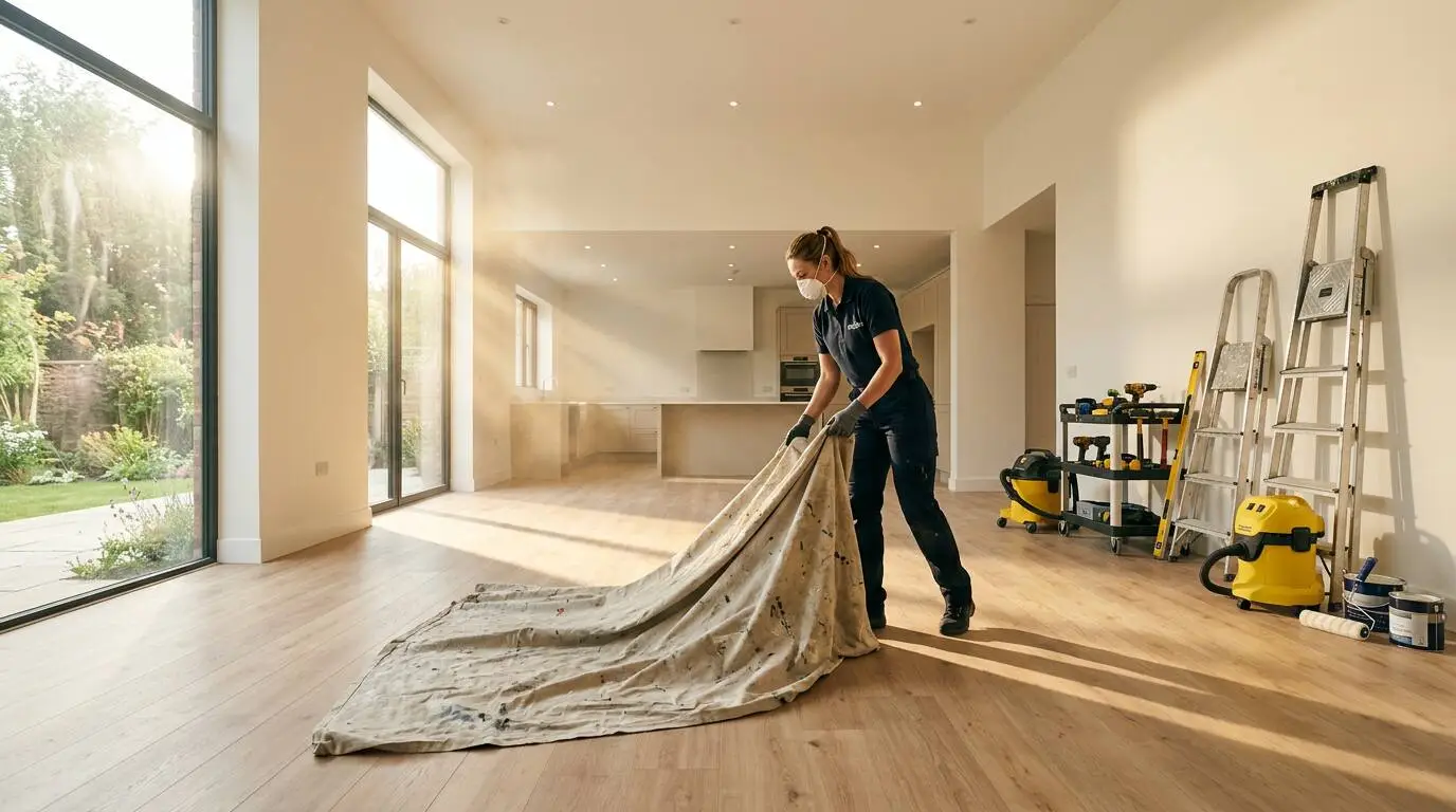 Newly renovated interior being cleared of construction dust during post-construction cleanup