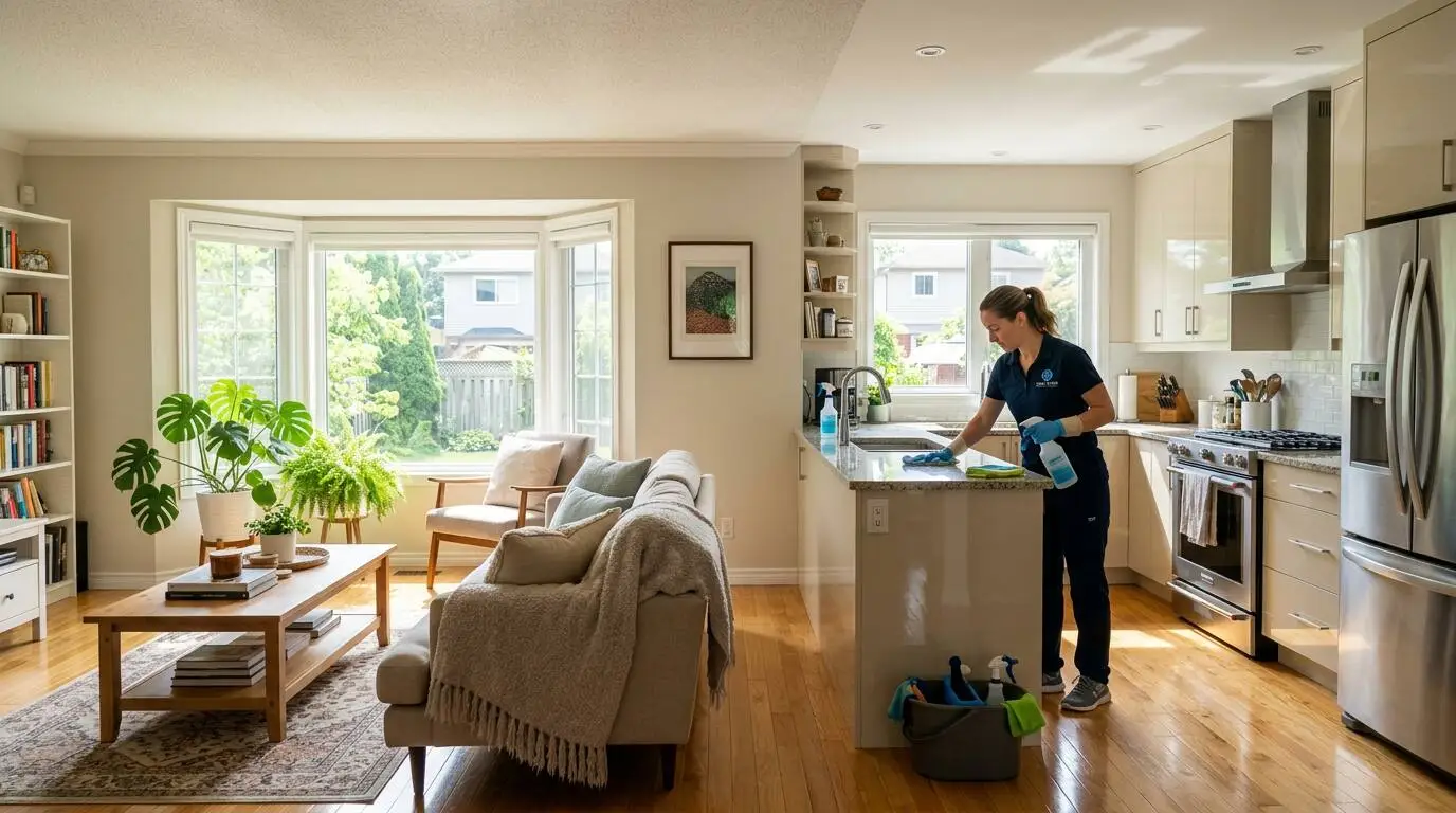 Sunlit living room in a Northern New Jersey home after a residential deep cleaning, with polished floors and spotless surfaces