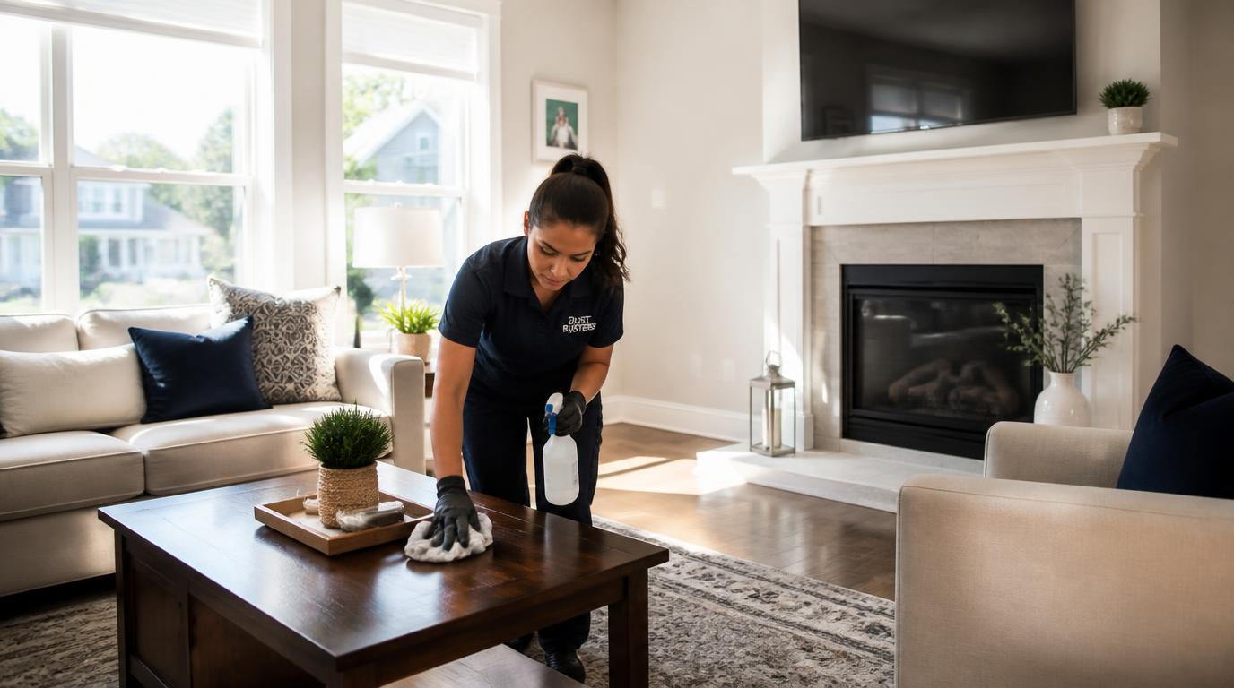 Professional cleaner in uniform wiping a living room table in a sunlit New Jersey home