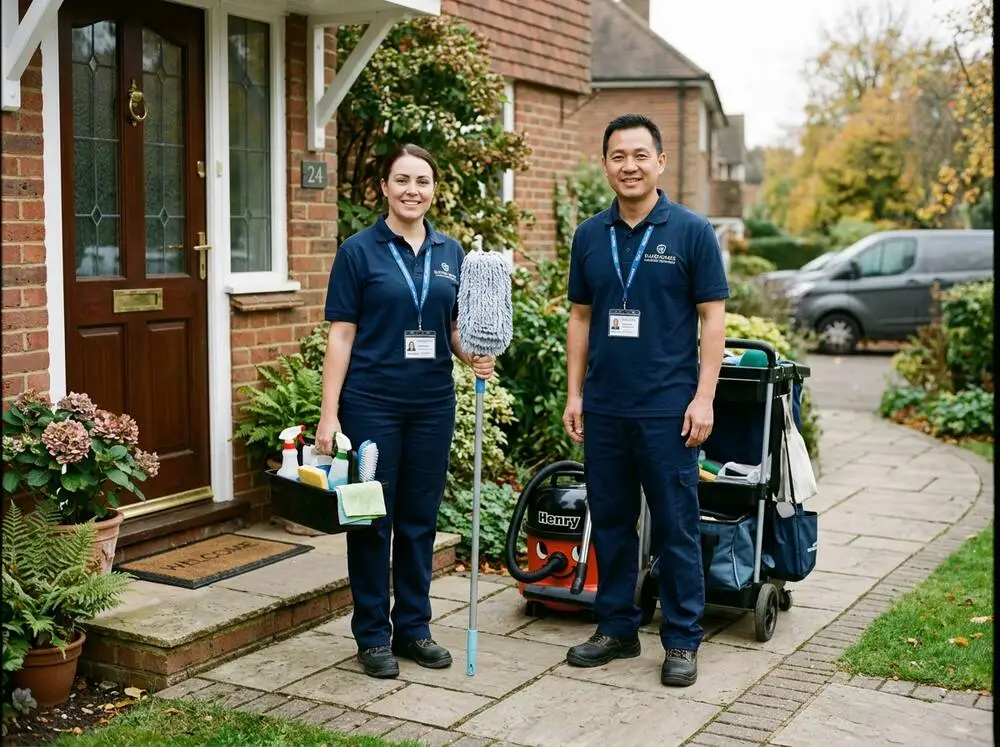 Cleaning technician showing a photo ID badge at a client's front door