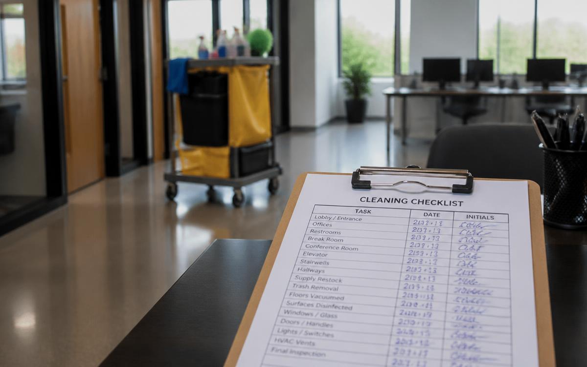 Commercial cleaning checklist on a clipboard in a modern office with a janitorial cart in the background