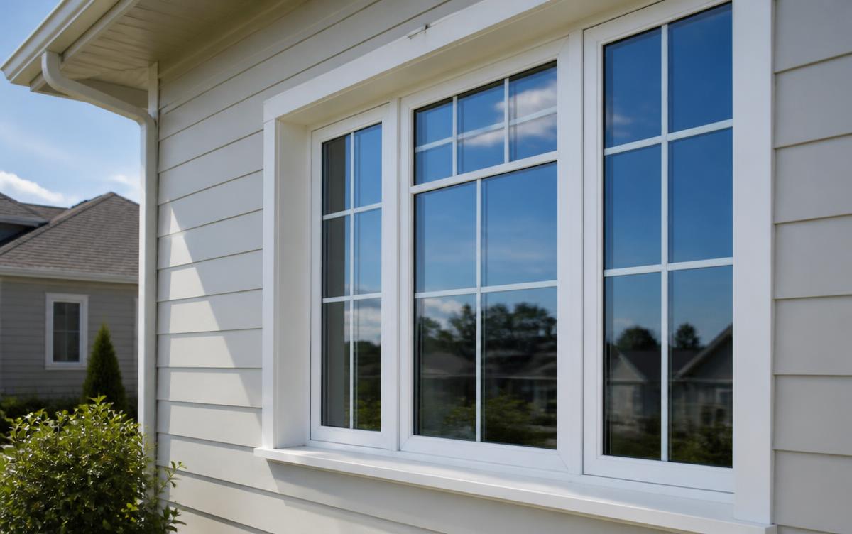 Crystal clear residential windows reflecting blue sky with clean frames and sills